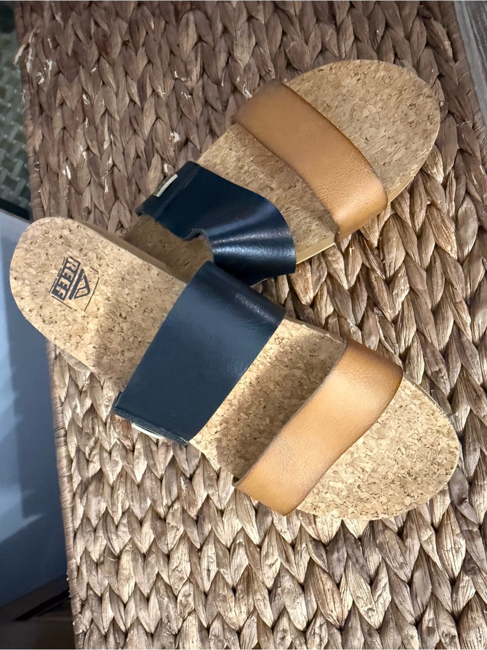 Reef Two-Tone Cork Slide Sandals in Black and Tan